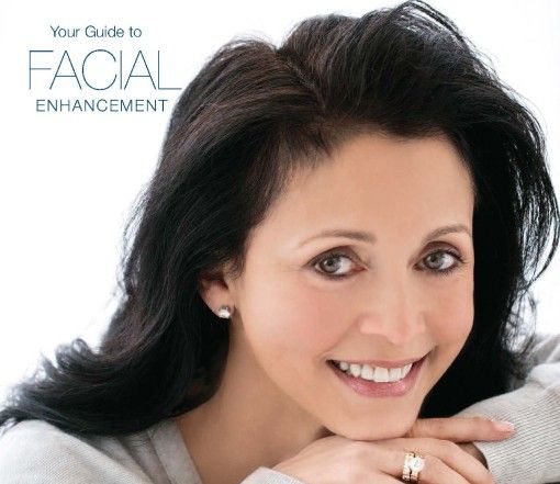 Smiling woman promoting facial enhancement guide.